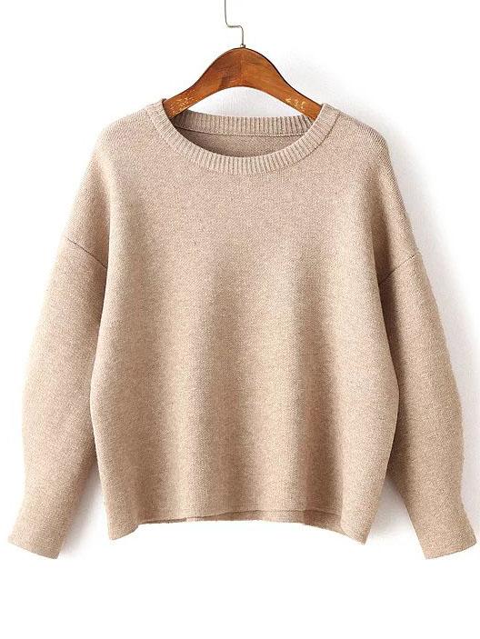 Shein Khaki Round Neck Ribbed Trim Drop Shoulder Knitwear