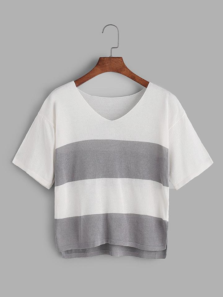 Shein Dip Hem V Neck Color Block Tee