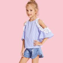 Shein Girls Lace Appliques Open Shoulder Pinstripe Top