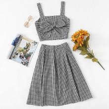 Shein Gingham Bow Tie Crop Cami Top With Skirt