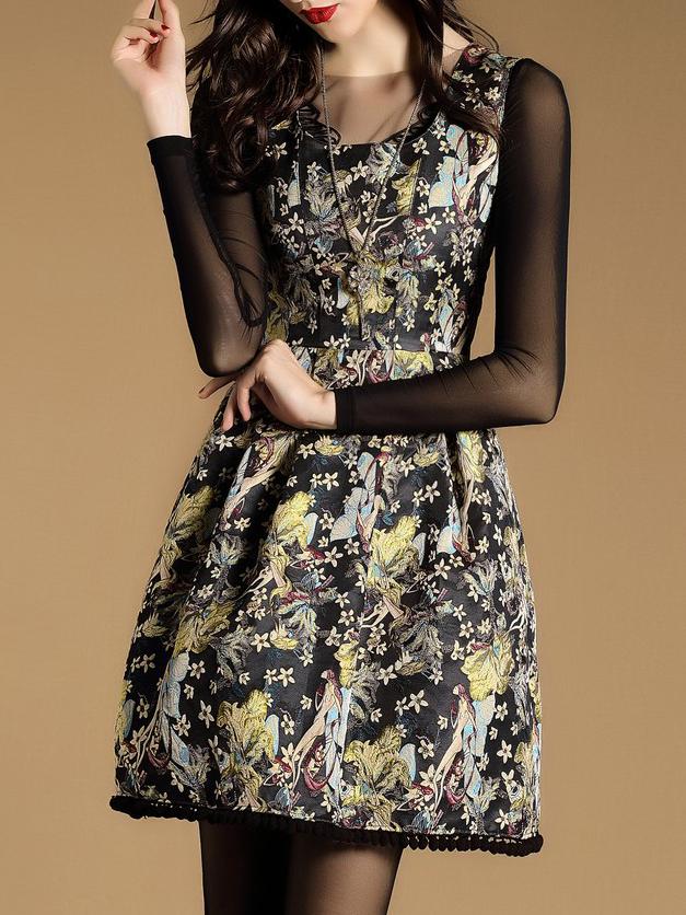 Shein Black Sleevelss Floral Jacquard A-line Dress