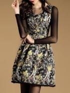 Shein Black Sleevelss Floral Jacquard A-line Dress