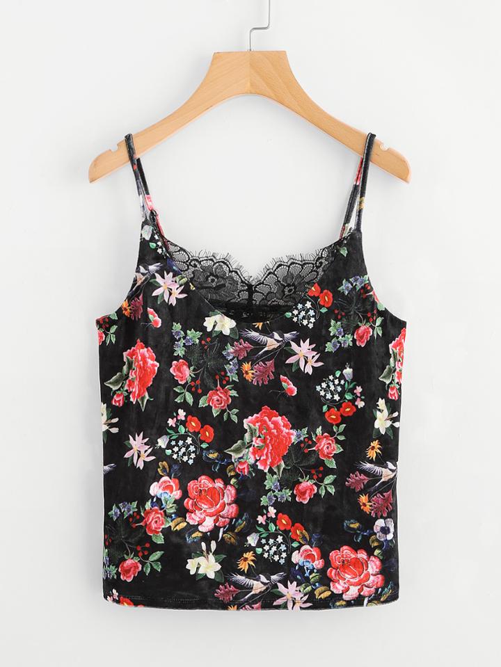 Shein Eyelash Lace Insert Floral Velvet Cami Top