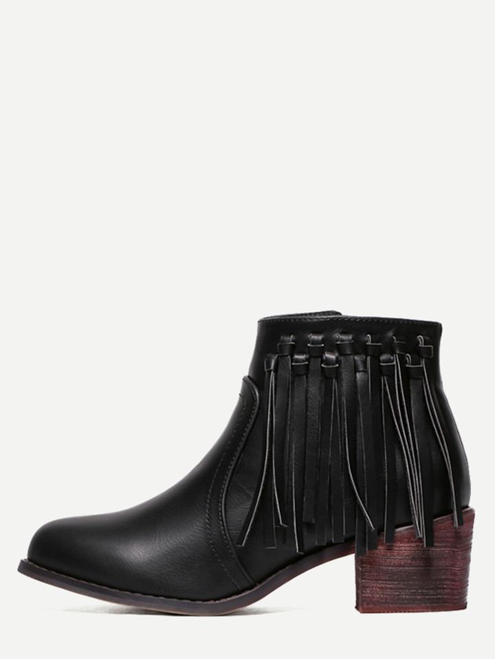 Shein Black Pu Tassel Cork Heeled Ankle Boots