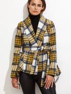 Shein Yellow Plaid Shawl Collar Asymmetric Wrap Jacket