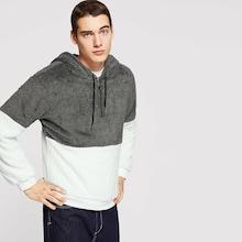 Shein Men Cut And Sew Panel Quarter Zip Teddy Hoodie