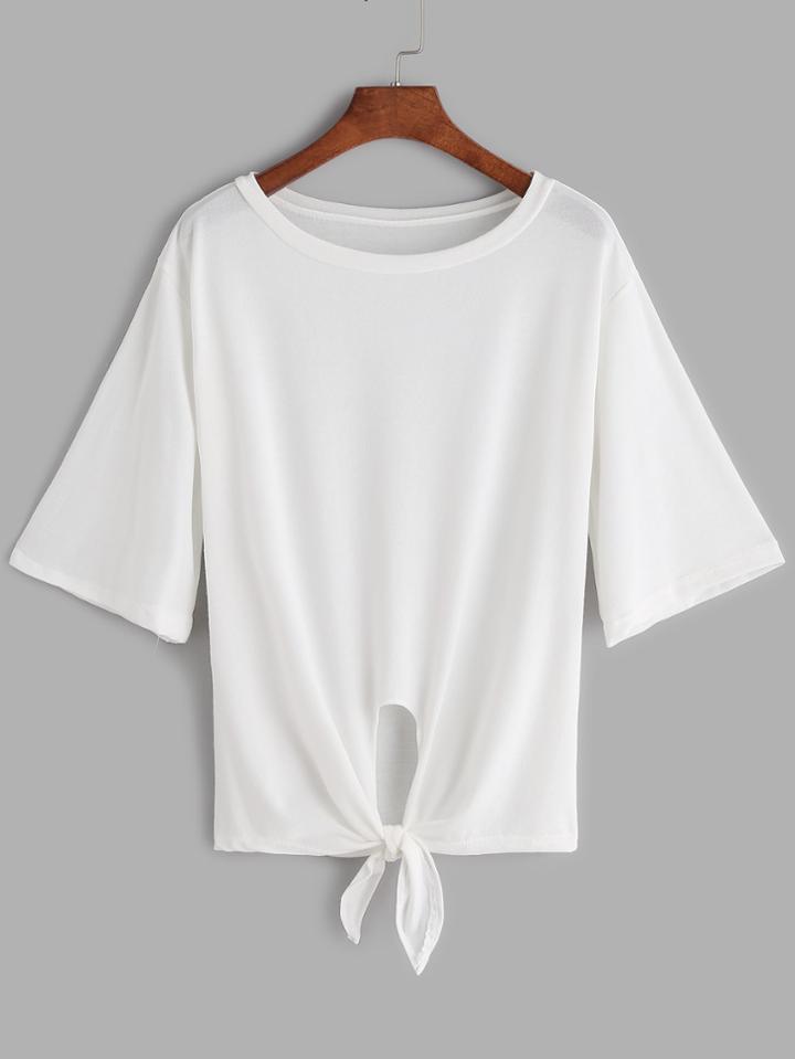 Shein White Elbow Sleeve Knot Hem T-shirt