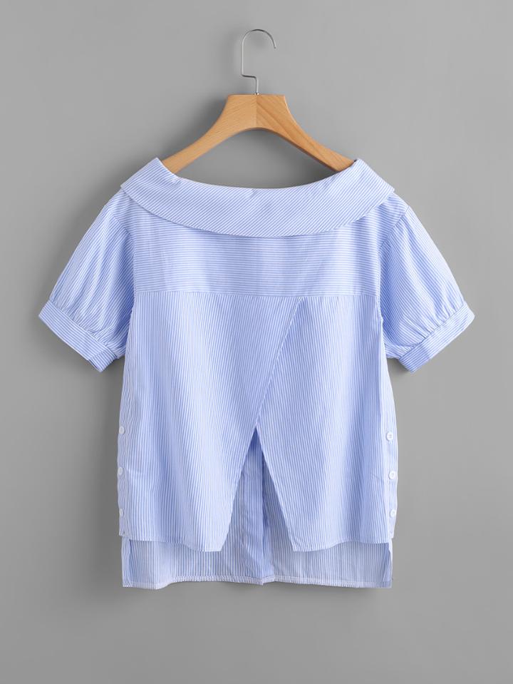 Shein Overlap Back Fold Over Pinstriped Blouse