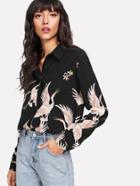 Shein Crane Print Button Up Blouse