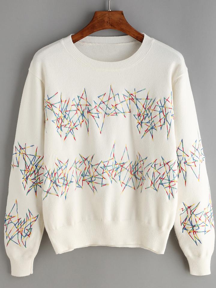 Shein White Crew Neck Embroidered Crop Knitwear