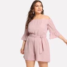 Shein Plus Off Shoulder Flounce Sleeve Belted Romper
