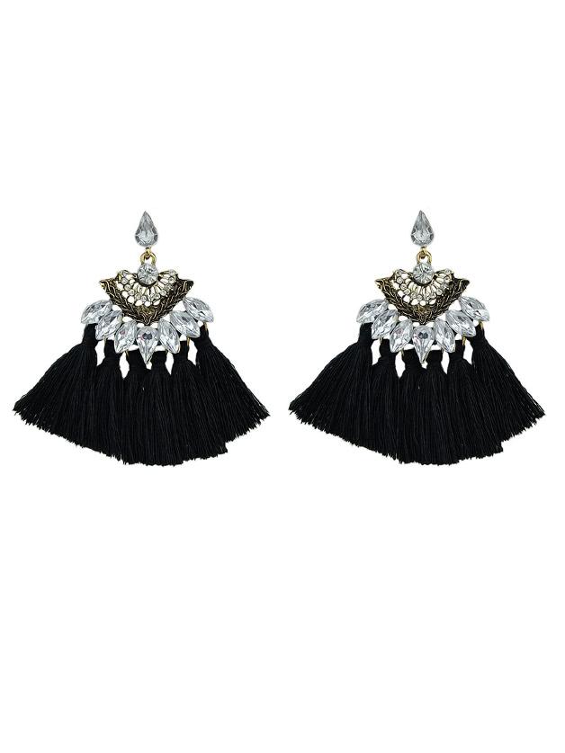 Shein Black Luxury Rhinestone With Long Tassel Sector Shape Bohemian Earrings