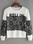 Shein White Lace Splicing Sweatshirt