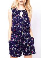 Rosewe Pretty Round Neck Sleeveless Floral Rompers With Cutout Design