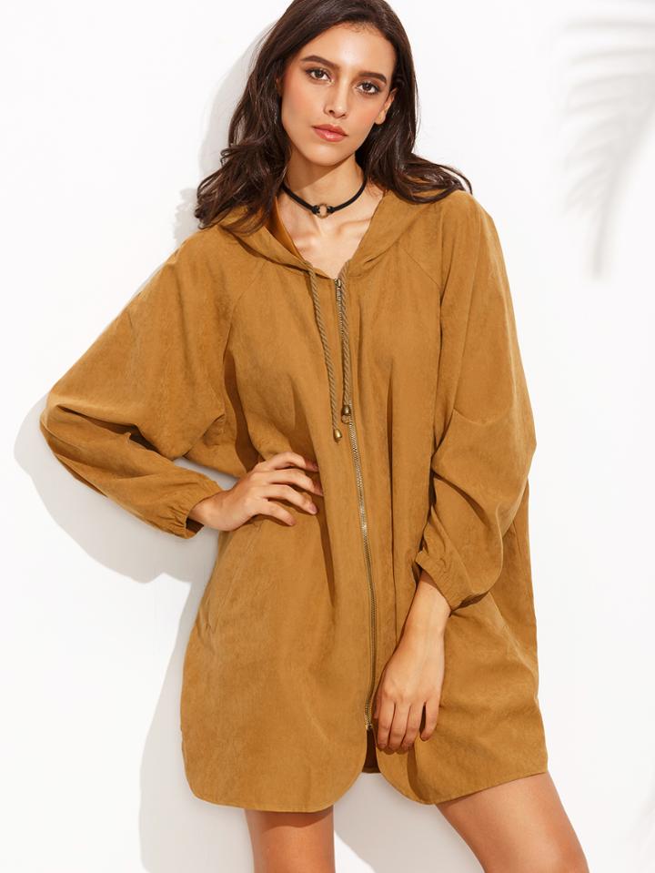 Shein Brown Zipper Front Hooded Long Sleeve Outerwear