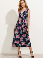 Shein Navy Flower Print Surplice Front Self Tie Dress