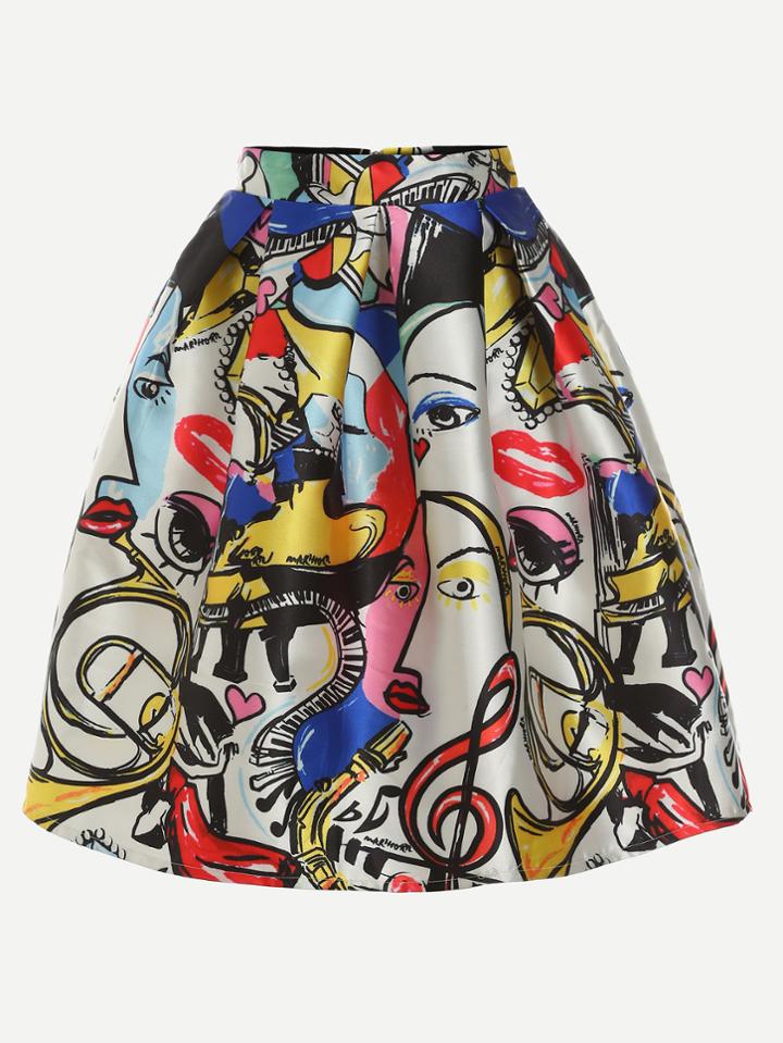 Shein Multicolor Abstract Painting Print Box Pleated Skirt