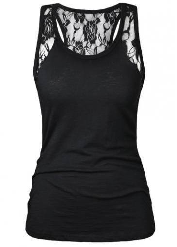 Rosewe Black Round Neck Lace Panel Tank Top