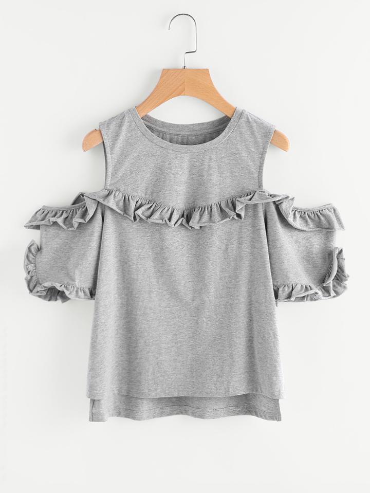 Shein Frilled Trim Open Shoulder Stepped Hem Heathered Tee
