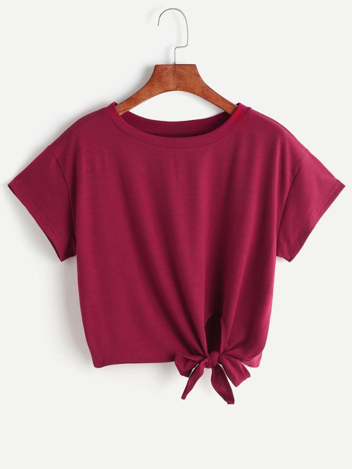 Shein Burgundy Tie Side Crop T-shirt