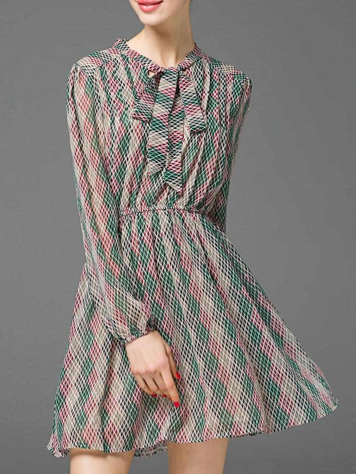Shein Multicolor Tie Neck Argyle A-line Dress