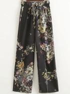 Shein Black Floral Print Elastic Waist Wide Leg Pants