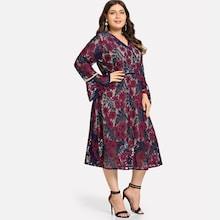 Shein Plus Wrap Appliques Bell Sleeve Dress