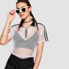 Shein Zip Up Striped Fishnet Top Without Bralette