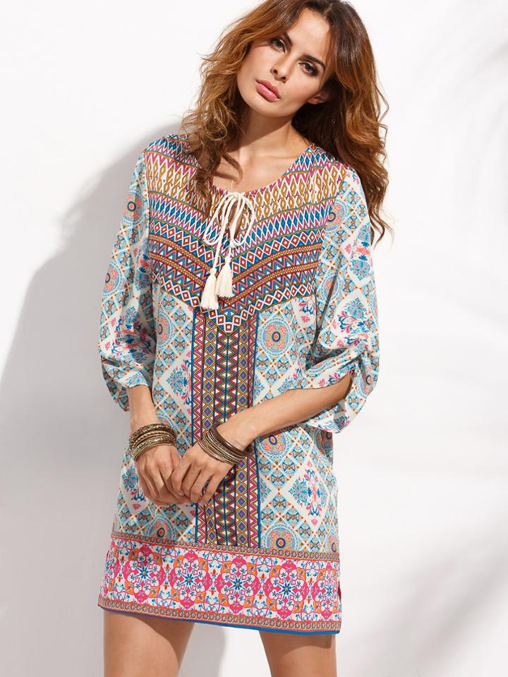 Shein Multicolor Print Lace Up Shift Dress