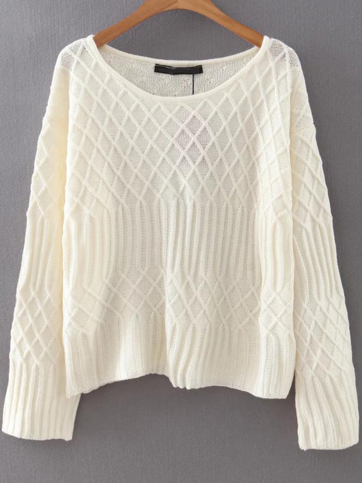 Shein White Diamond Pattern Round Neck Sweater