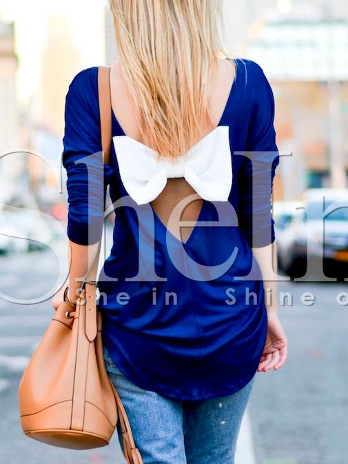 Shein Blue Long Sleeve Contrast Bow T-shirt