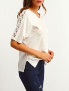Shein White V Neck Lace Loose T-shirt