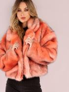 Shein Pink Stand Collar Open Front Faux Fur Coat