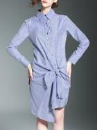 Shein Blue Lapel Striped Bow Shirt Dress