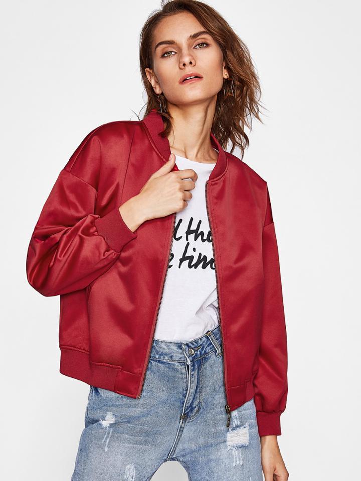 Shein Ribbed Trim Solid Bomber Jacket