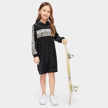 Shein Girls Leopard Panel Velvet Hoodie Dress