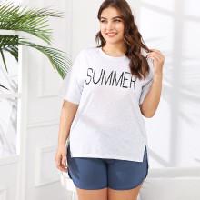 Shein Plus Letter Print Tee & Shorts Pj Set