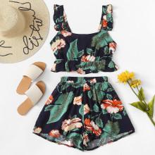 Shein Ruffle Hem Floral Print Top With Shorts