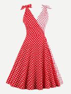 Shein Contrast Bow Tie Detail Polka Dot Circle Dress