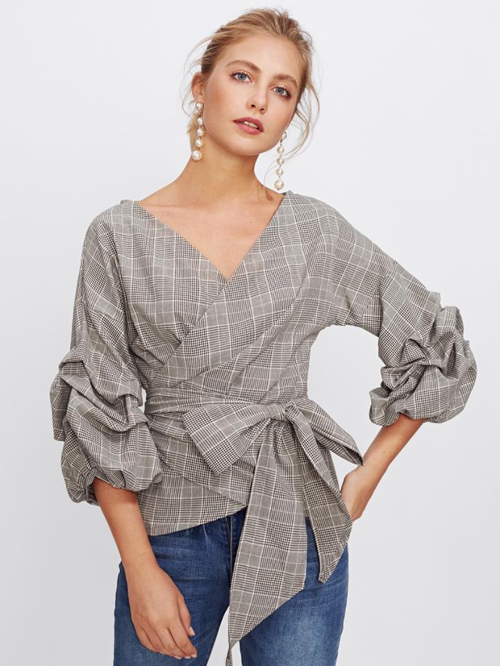 Shein Gathered Sleeve Plaid Wrap Top