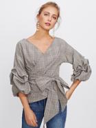 Shein Gathered Sleeve Plaid Wrap Top