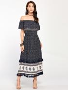 Shein Flounce Layered Neckline Tassel Trim Calico Print Dress