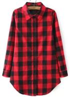 Shein Red Buttons Long Sleeve Plaid Blouse