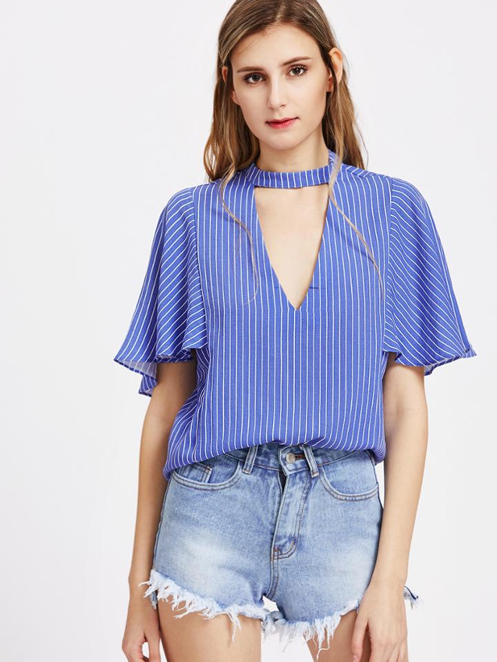 Shein Choker Neck Keyhole Back Cape Sleeve Pinstripe Top