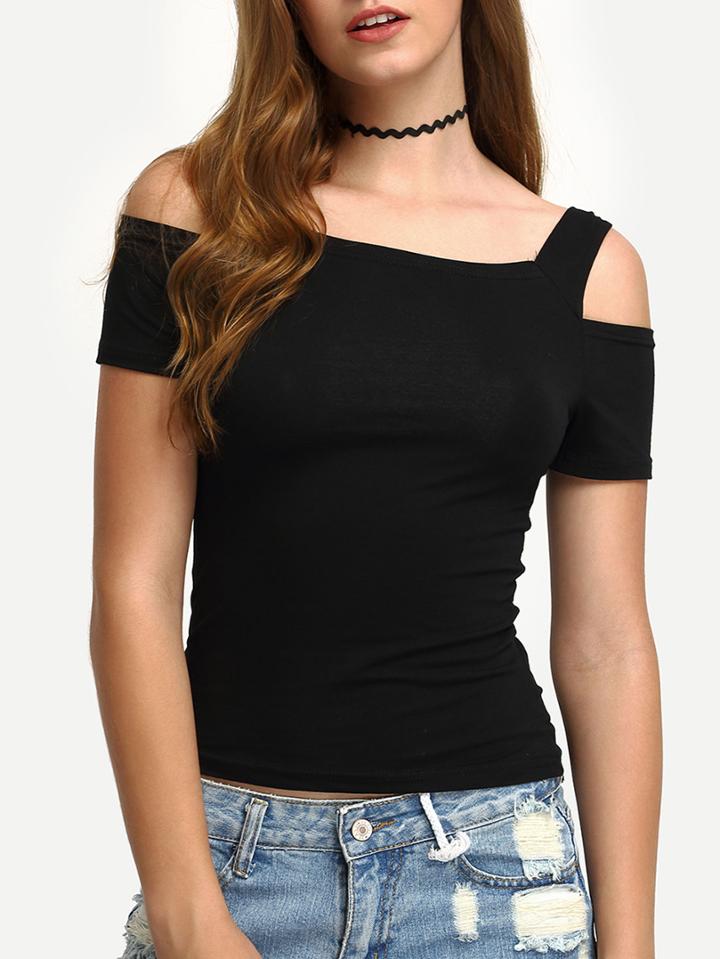 Shein Cutout Shoulder Tight T-shirt - Black
