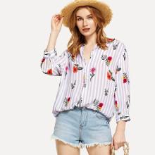 Shein Flower And Stripe Print Curved Hem Shirt