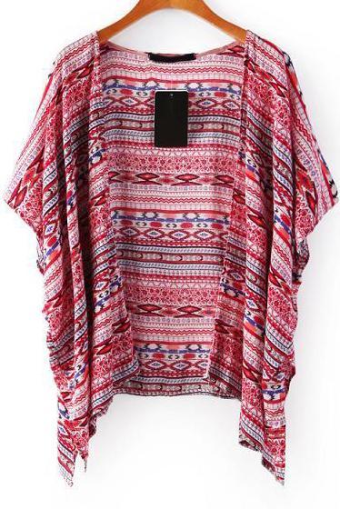 Shein Red Short Sleeve Tribal Print Blouse