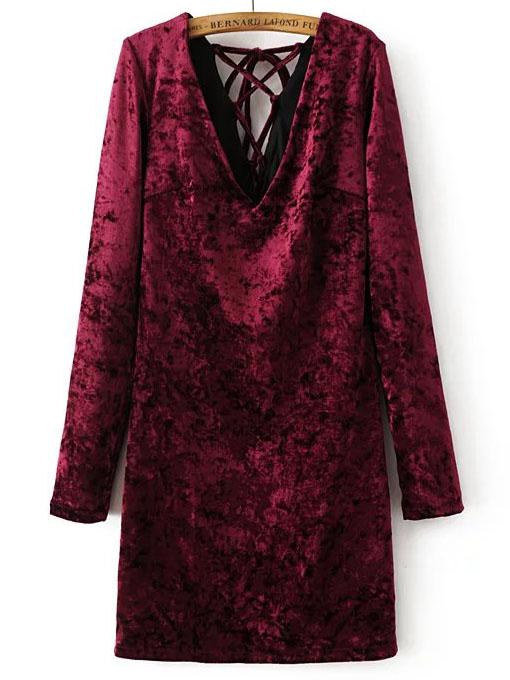 Shein Burgundy V Neck Lace Up Back Cutout Velvet Dress