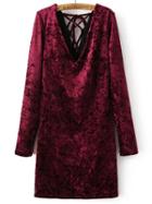 Shein Burgundy V Neck Lace Up Back Cutout Velvet Dress