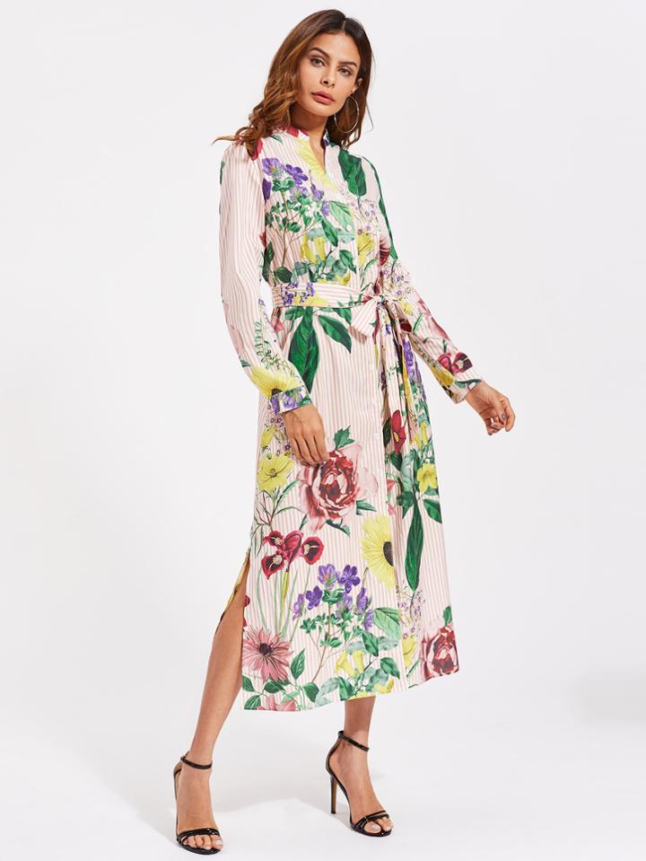 Shein Self Belted Side Slit Floral And Striped Shirt Dress